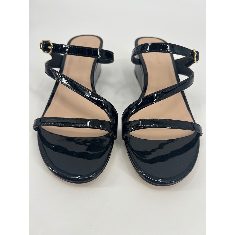 Stuart Weitzman Black Patent Leather Strappy Wedge Sandals Gold Buckle Size 8 - Picture 3 of 8